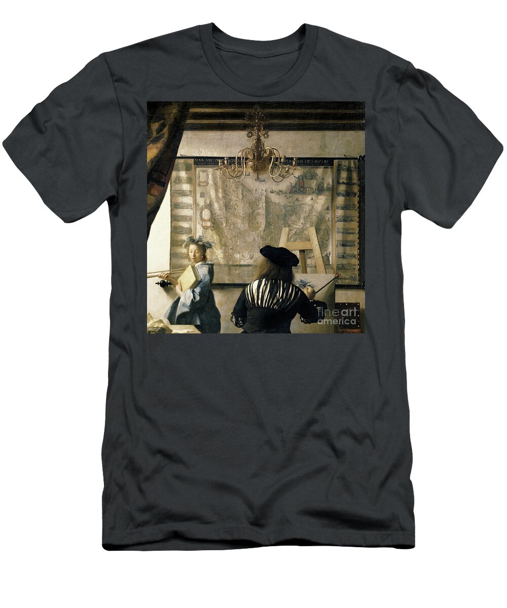 Easel T-Shirt featuring the painting The Artist's Studio, C.1665-66 by Jan Vermeer