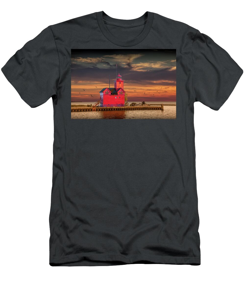 Art T-Shirt featuring the photograph The Big Red Lighthouse at Sunset on Lake Michigan by Ottawa Beac by Randall Nyhof