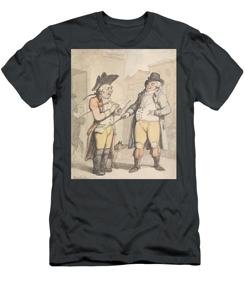 19th Century Art T-Shirt featuring the drawing The Bookmaker and his Client outside the Ram Inn, Newmarket by Thomas Rowlandson