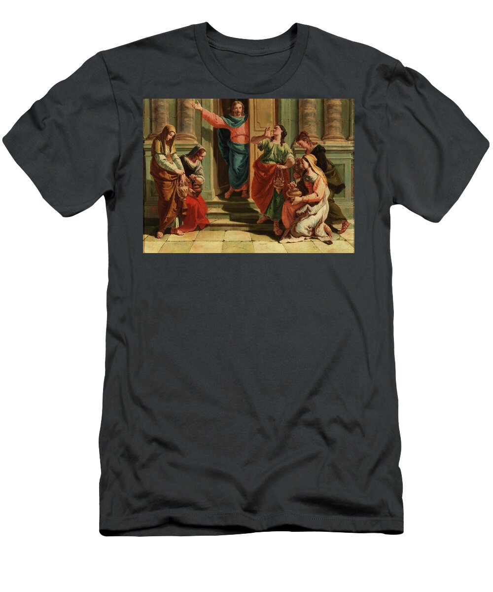 Francesco Fontebasso T-Shirt featuring the painting 'The Bridegroom and the foolish Virgins'. 1730 - 1769. Oil on canvas. JESUS. by Francesco Fontebasso