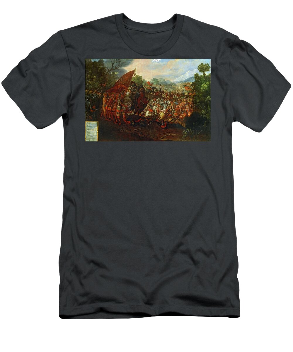 Hernan Cortes T-Shirt featuring the painting The Conquest of Mexico. The Battle of Otumba, Oil on canvas, 120 x 200 cm. ANONIMO ESPANOL. by Anonimo Espanol