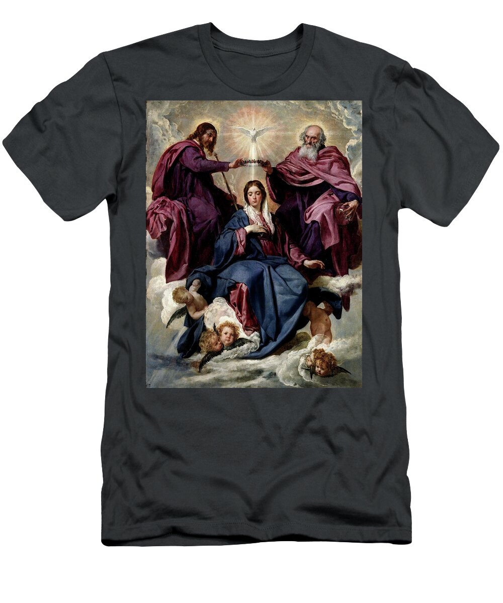 Diego Velazquez T-Shirt featuring the painting 'The Coronation of the Virgin', ca. 1635, Spanish School, ... by Diego Velazquez -1599-1660-