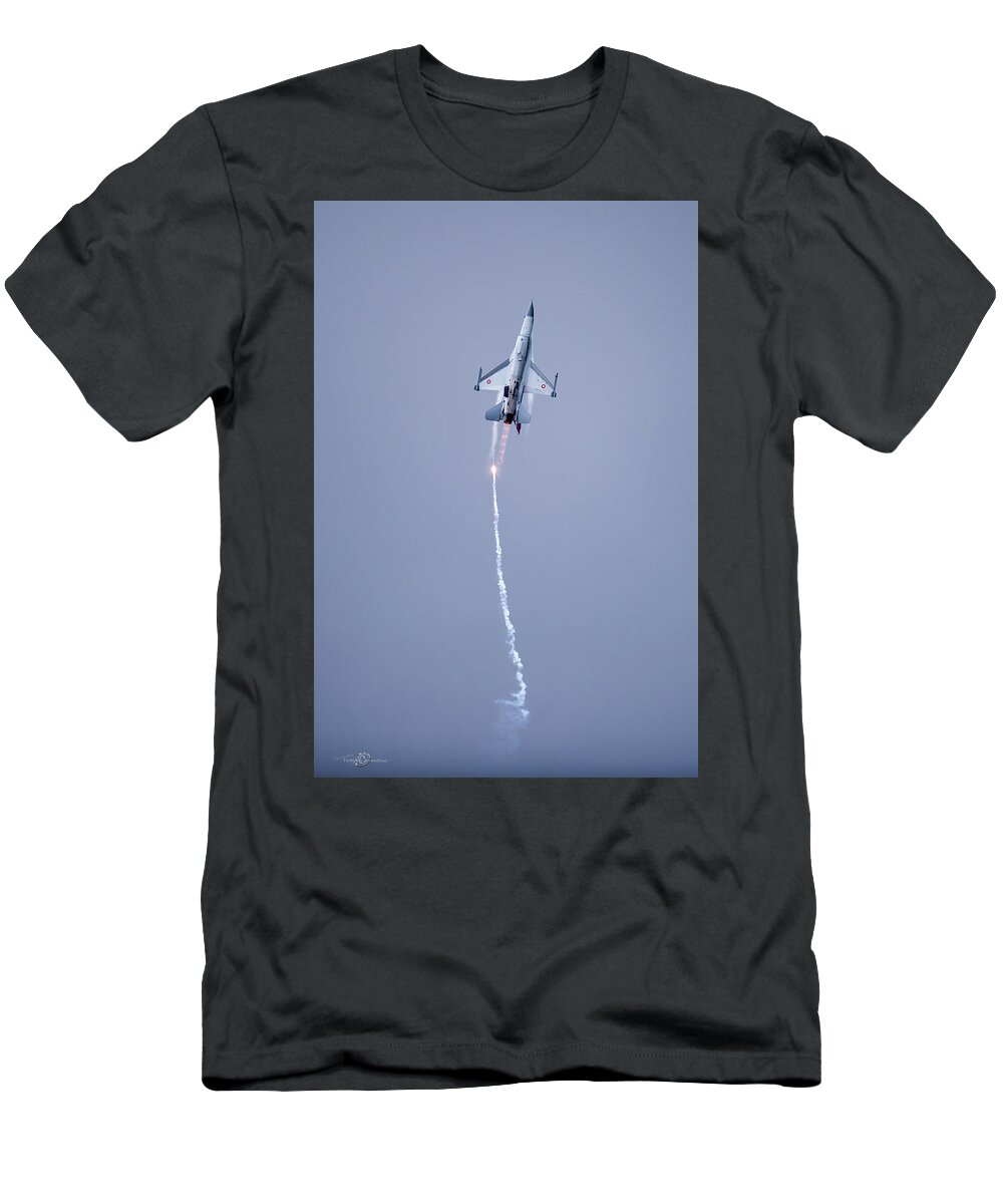 F-16 Fighting Falcon T-Shirt featuring the photograph The Danish F-16 Fighting Falcon in high speed action dropping flares by Torbjorn Swenelius