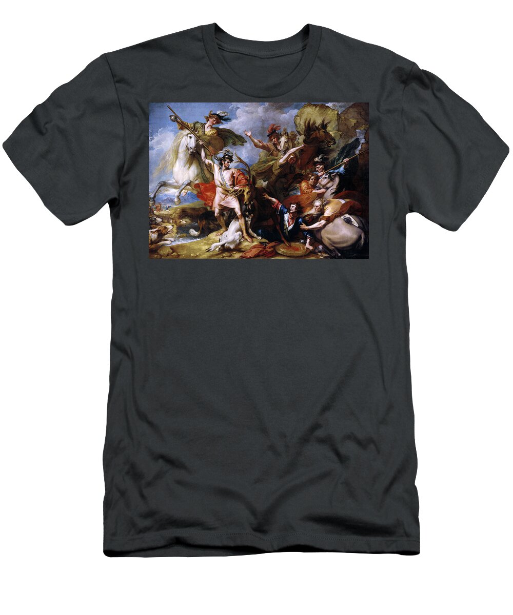 The Death Of The Stag T-Shirt featuring the painting The Death of the Stag by Benjamin West by Rolando Burbon