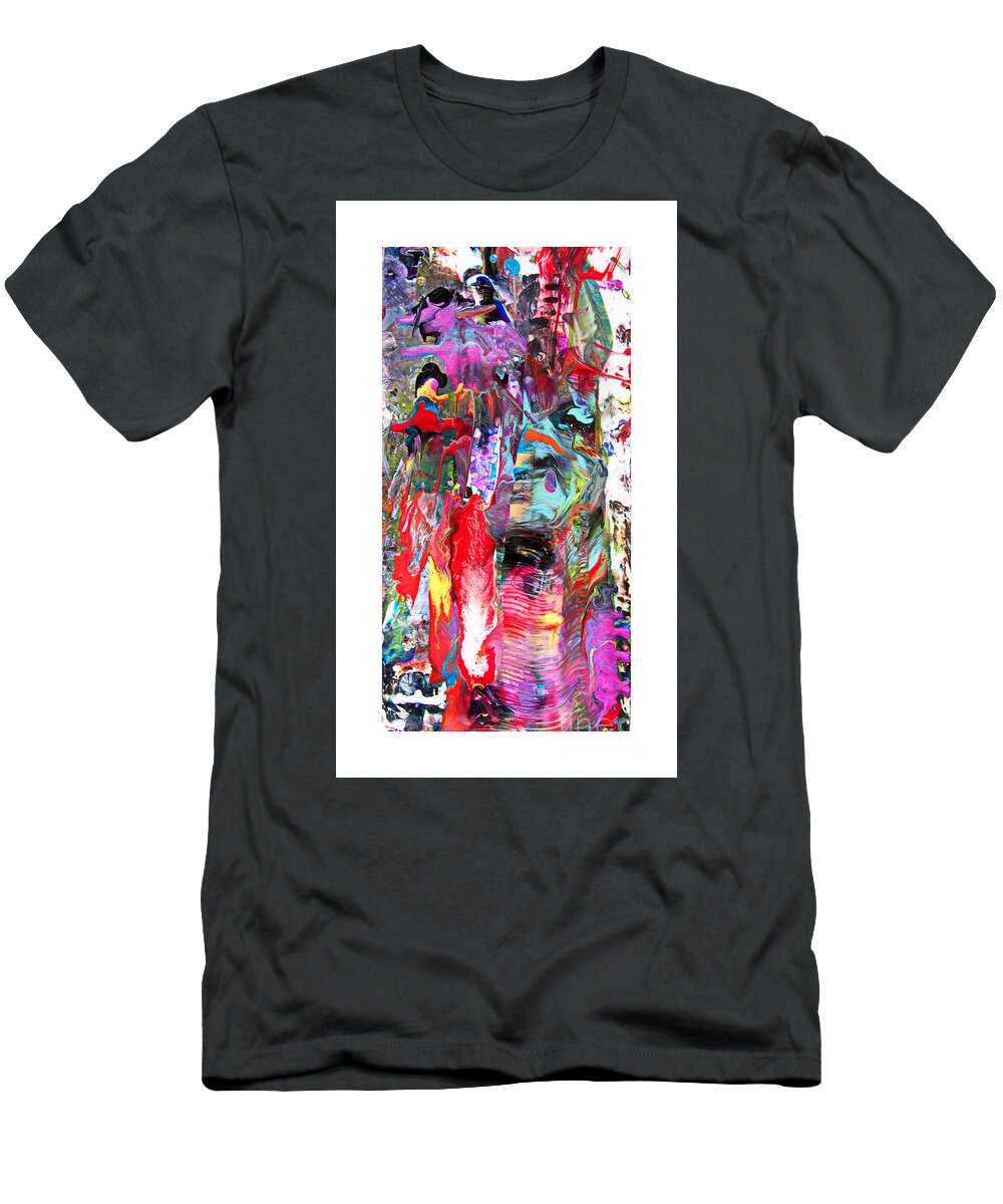 Wow Wild Abstract Fun Colorful Dynamic Dramatic Accidental-art T-Shirt featuring the painting The Edge Catcher w brdr by Priscilla Batzell Expressionist Art Studio Gallery