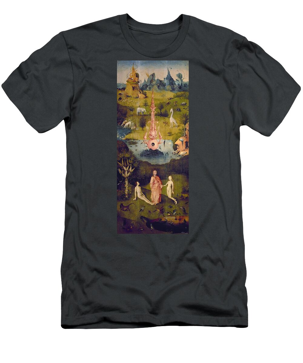 Adam T-Shirt featuring the painting 'The Garden of Earthly Delights' -left panel-, 1500-1505, Oil on panel, 220 cm x 97 cm, P02823. EVE. by Hieronymus Bosch -c 1450-1516-