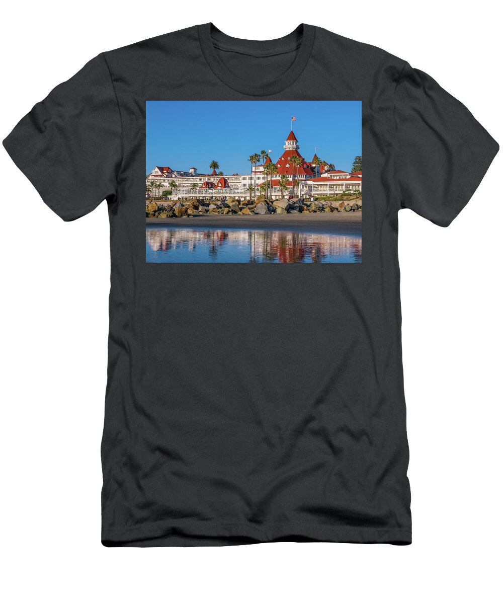 San Diego T-Shirt featuring the photograph The Hotel del Coronado Beach Reflection San Diego by Robert Bellomy