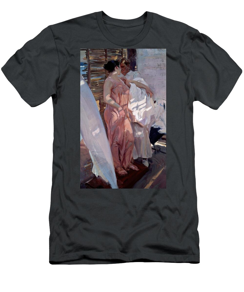 Joaquin Sorolla T-Shirt featuring the painting 'The Pink Robe or After the Bath', 1916, Oil on canvas, 210 x 128 cm. by Joaquin Sorolla -1863-1923-