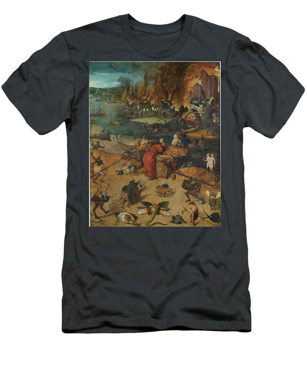 Hieronymus Bosch T-Shirt featuring the painting 'The Temptations of Saint Anthony'. 1550 - 1560. Oil on oak panel. by Hieronymus Bosch -c 1450-1516-