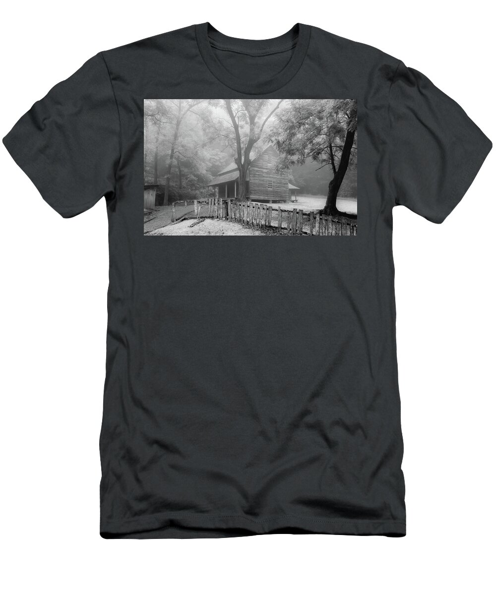 Cades Cove T-Shirt featuring the photograph The Tipton Place on a Foggy Morning, Black and White by Marcy Wielfaert