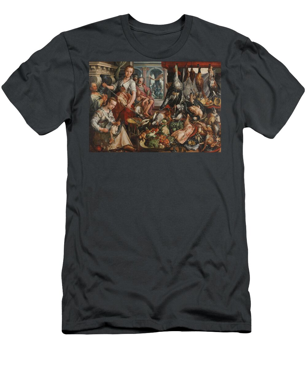 Joachim Bueckelaer T-Shirt featuring the painting The Well-stocked Kitchen. The Well-stocked Kitchen, with Jesus in het House of Martha and Mary in... by Joachim Bueckelaer