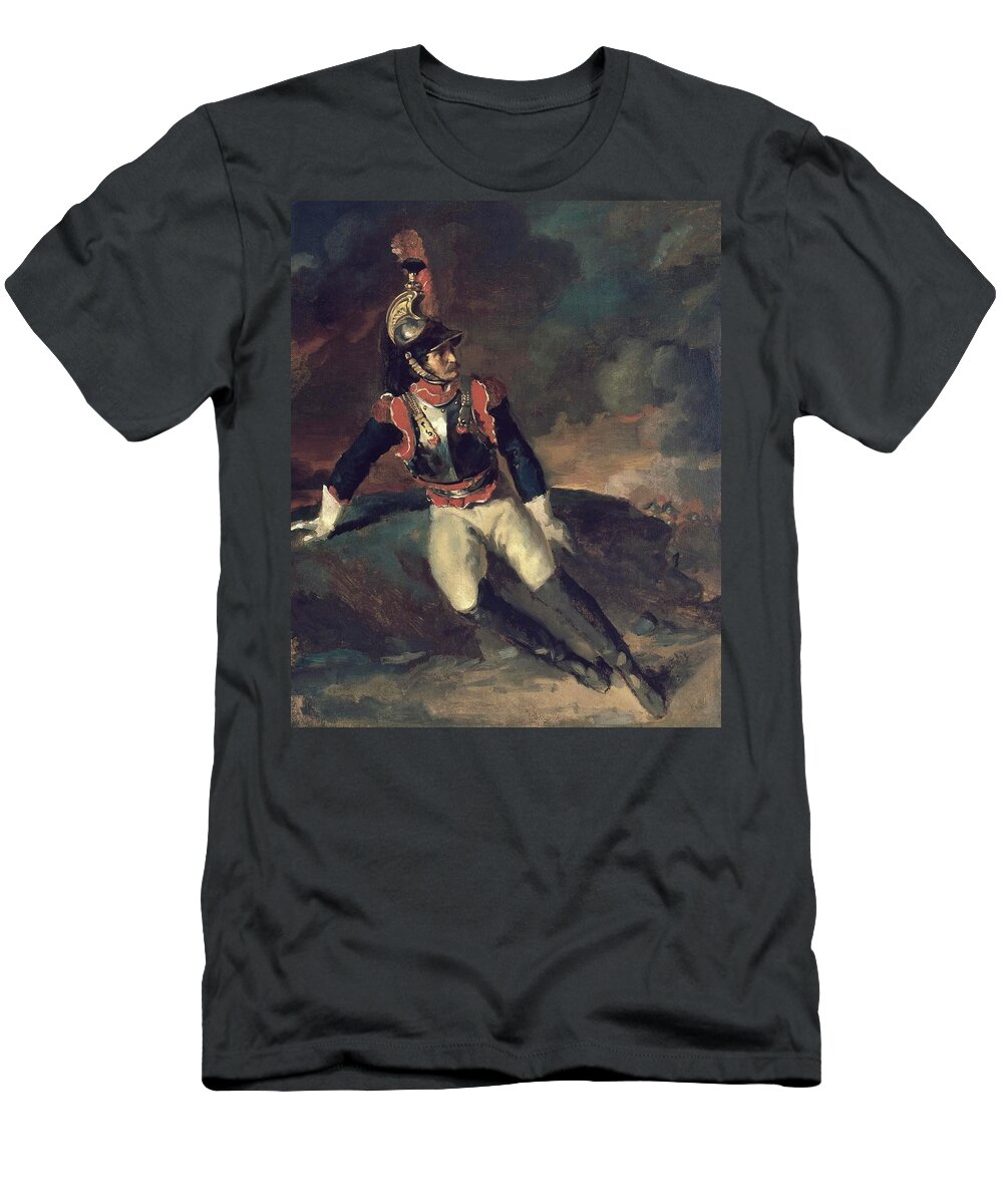 Theodore Gericault T-Shirt featuring the painting 'The Wounded Cuirassier', 19th century, Canvas, 46 x 38 cm. by Theodore Gericault -1791-1824-