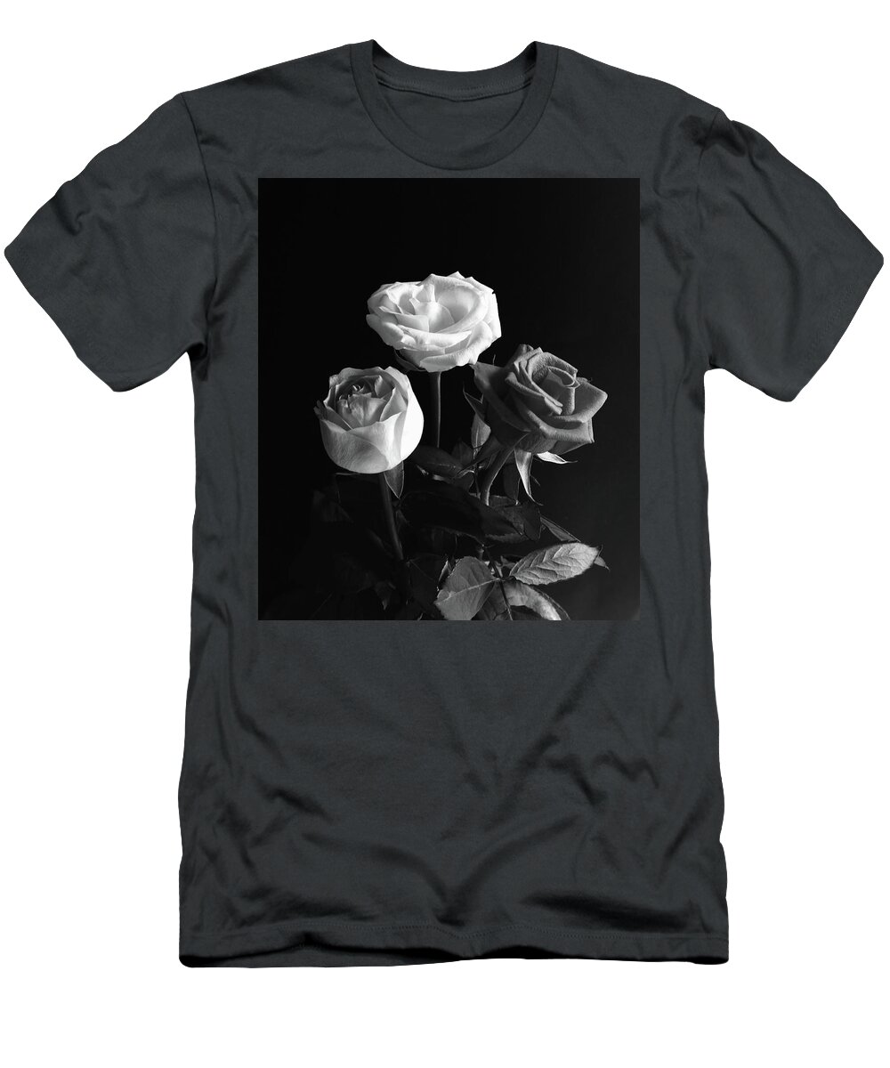 Three Roses T-Shirt featuring the photograph Three Roses Monochrome by Jeff Townsend