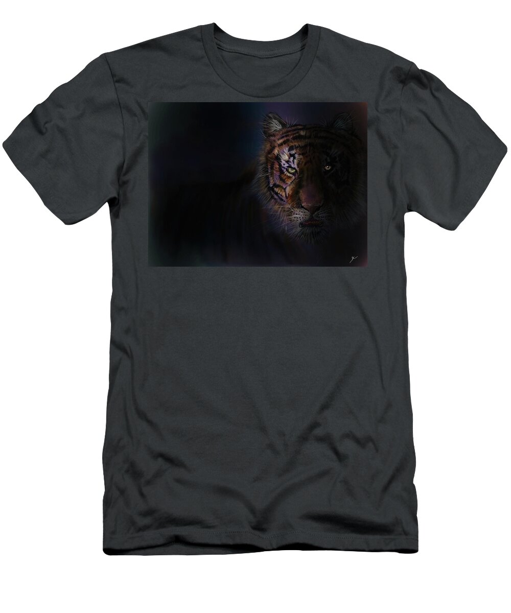 Tiger T-Shirt featuring the digital art Tiger in the Dark by Darren Cannell