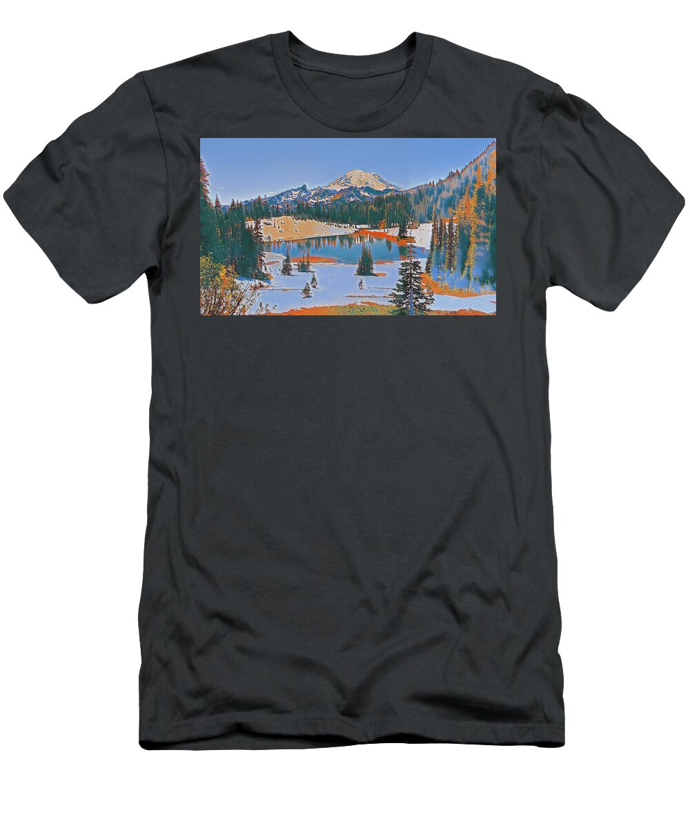 Mt. Rainier T-Shirt featuring the digital art Tipsoo Lake by Jerry Cahill