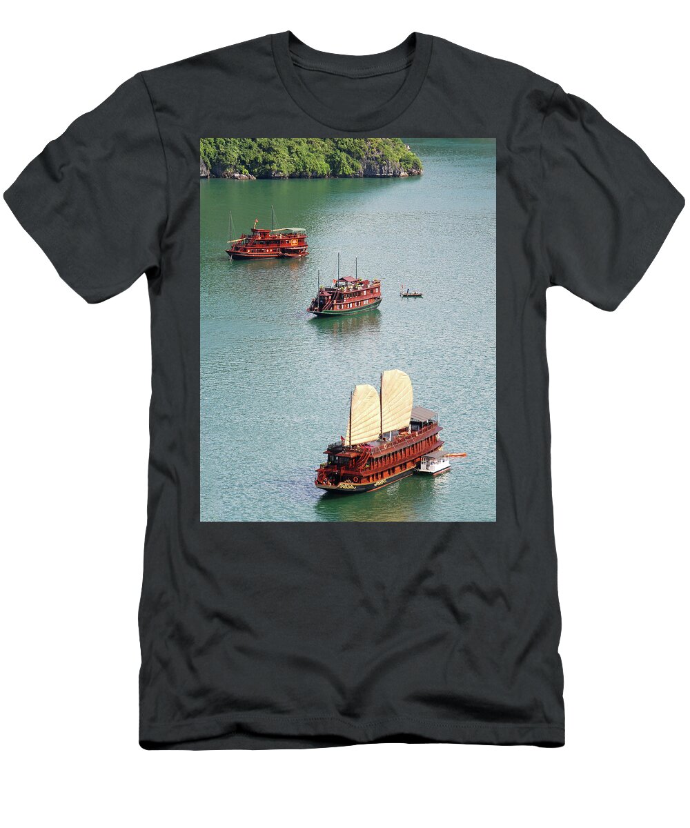 Seascape T-Shirt featuring the photograph Tourist wooden Boats at Halong Bay Vietnam by Michalakis Ppalis
