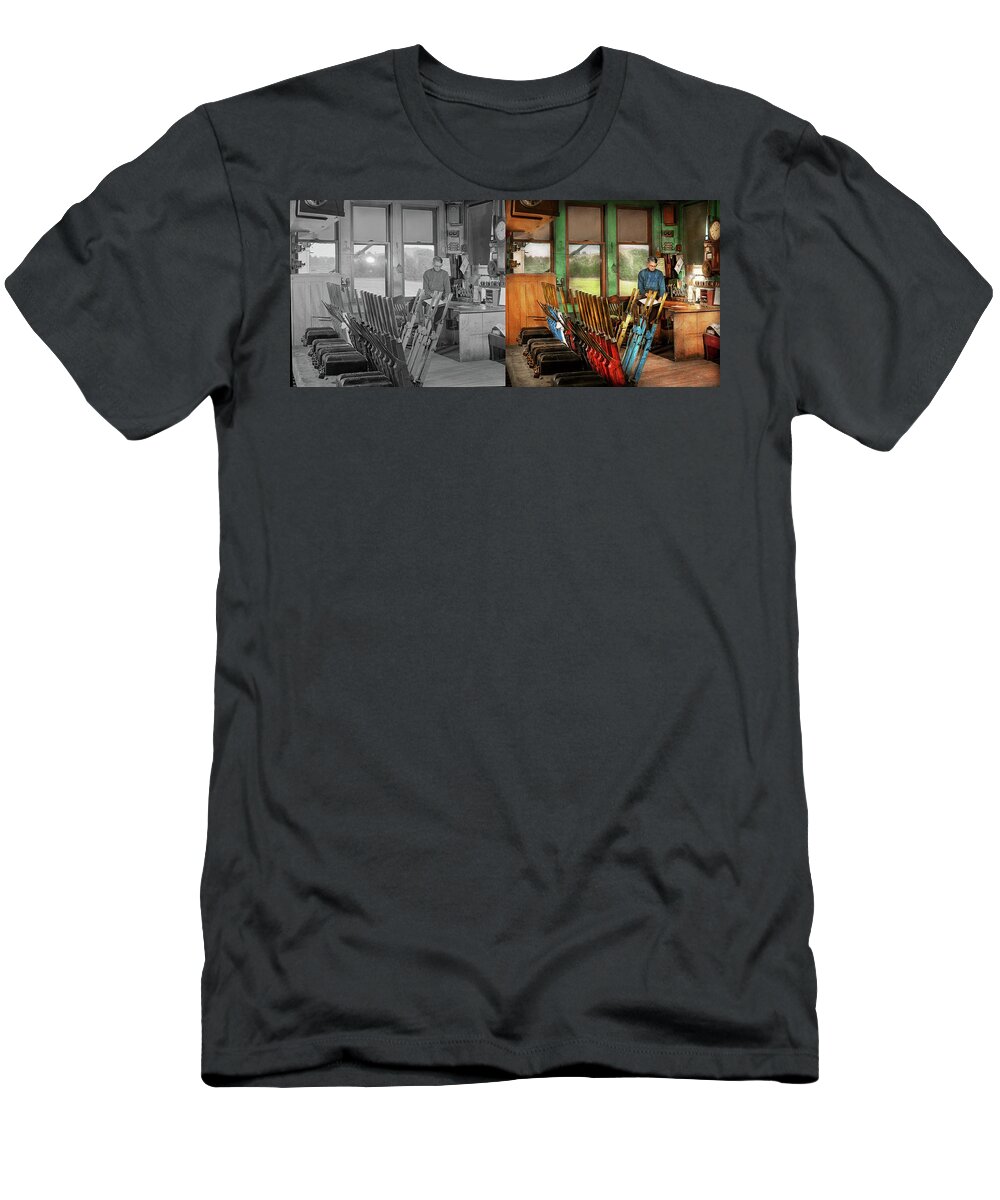 Train T-Shirt featuring the photograph Train - Controls - In the signal tower 1940 - Side by Side by Mike Savad