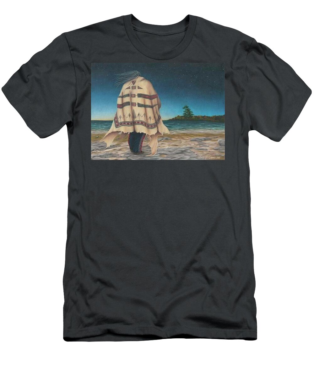 Native American. American Indian. Robed Indian Walking On Shoreline. Tree Of Peace. Corn Planter. Western Art T-Shirt featuring the painting Tree of Peace by Valerie Evans