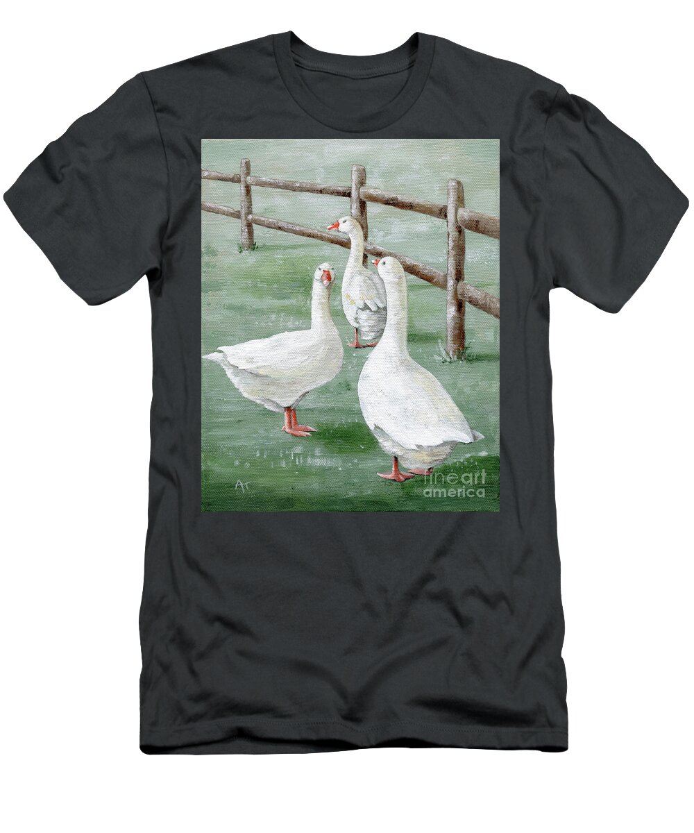 Farm T-Shirt featuring the painting Trio of Trouble - Geese by Annie Troe