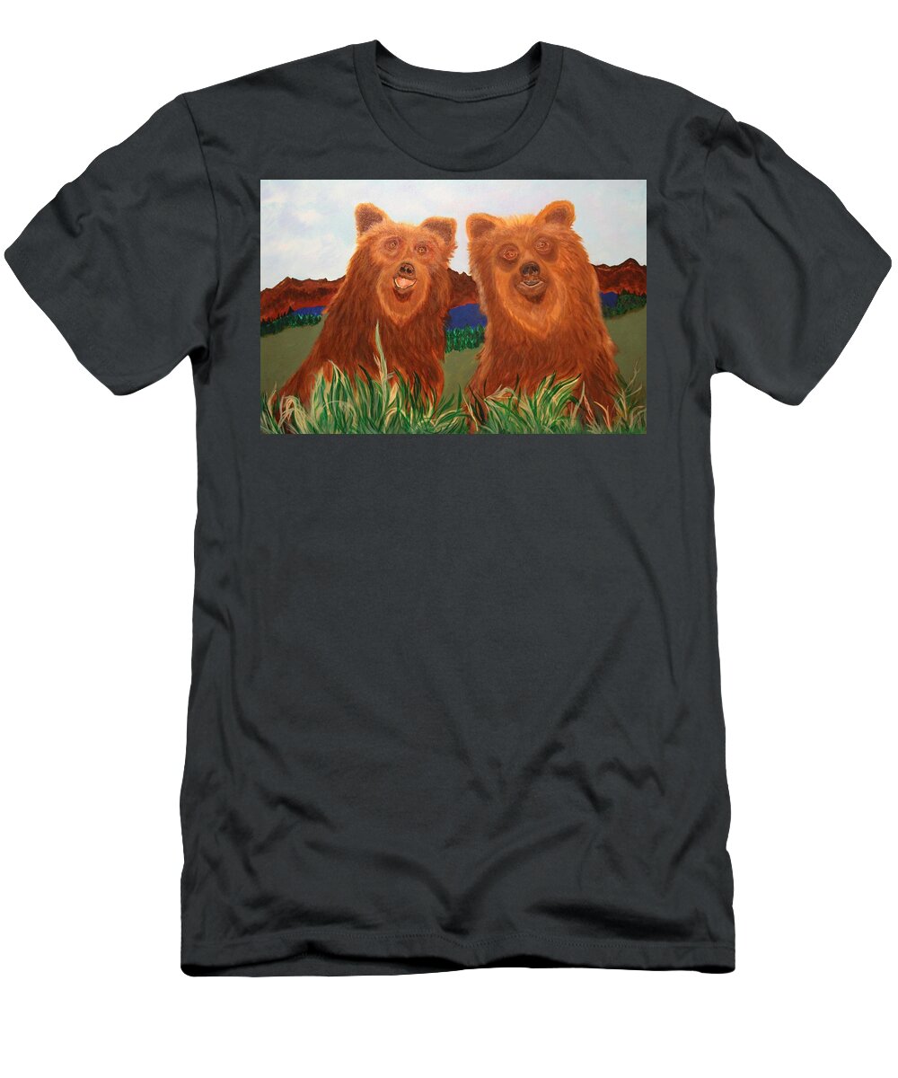 Bears T-Shirt featuring the painting Two Bears in a Meadow by Bill Manson