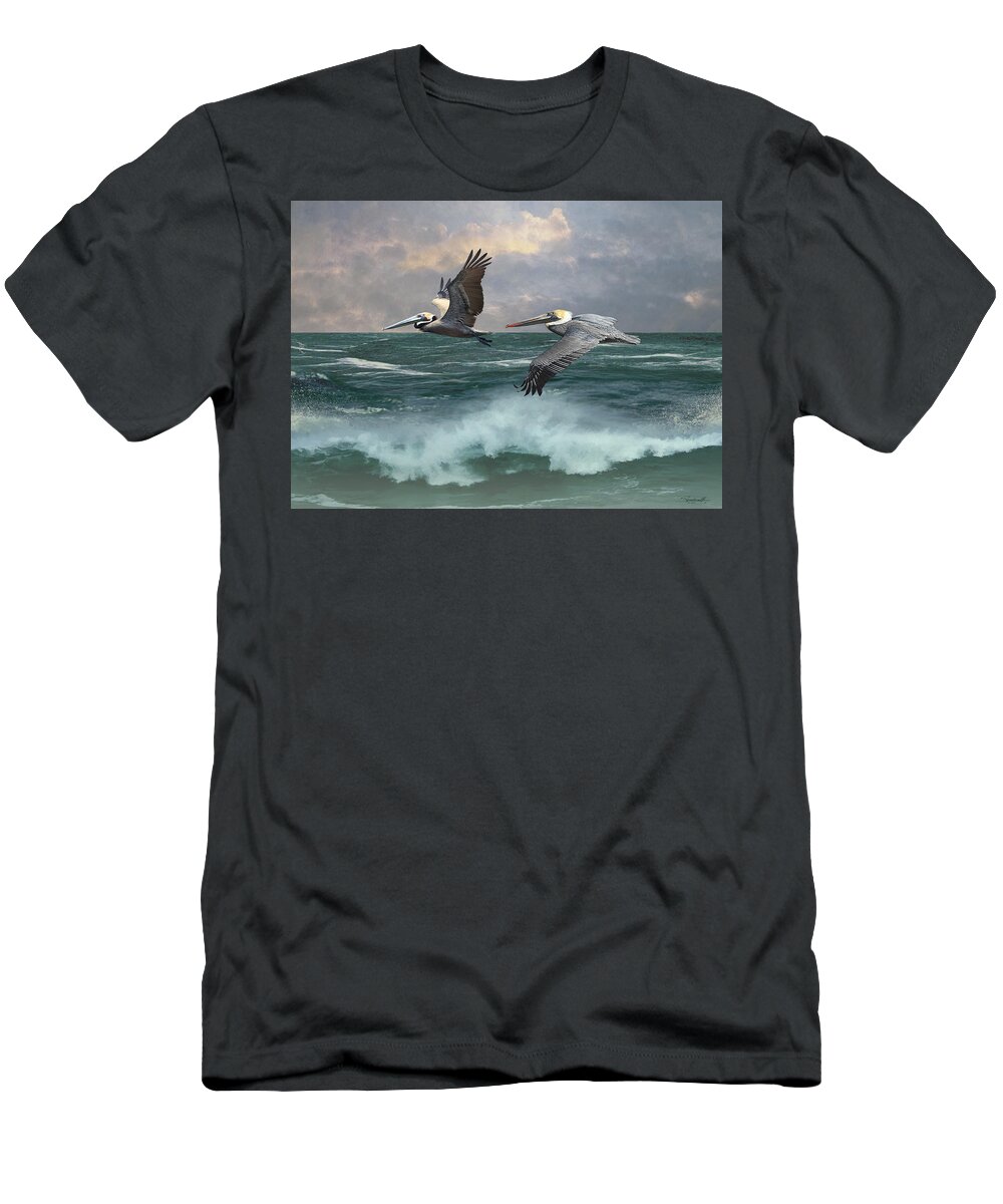 Florida T-Shirt featuring the digital art Two Pelicans Aloft by M Spadecaller