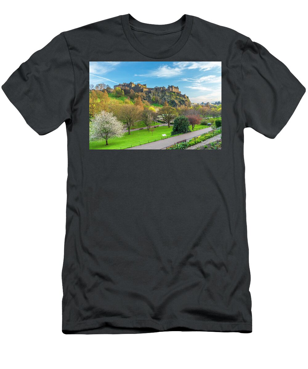 Estock T-Shirt featuring the digital art United Kingdom, Scotland, Edinburgh, Edinburgh Castle, Princes Street Gardens With Castle In The Background by Sebastian Wasek