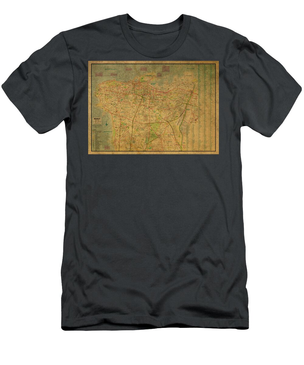 Vintage T-Shirt featuring the mixed media Vintage Map of Beirut Lebanon by Design Turnpike