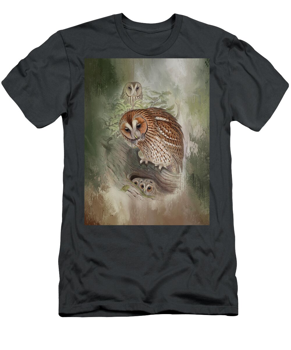 Design T-Shirt featuring the mixed media Vintage Owls by Amanda Jane