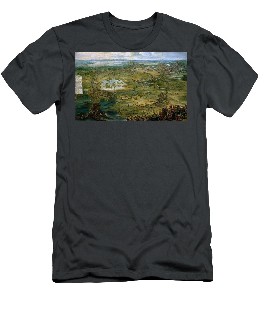 Pieter Snayers T-Shirt featuring the painting 'Vista caballera del Sitio de Breda', First half 17th century, Flemish School, Oi... by Pieter Snayers -1592-1667-