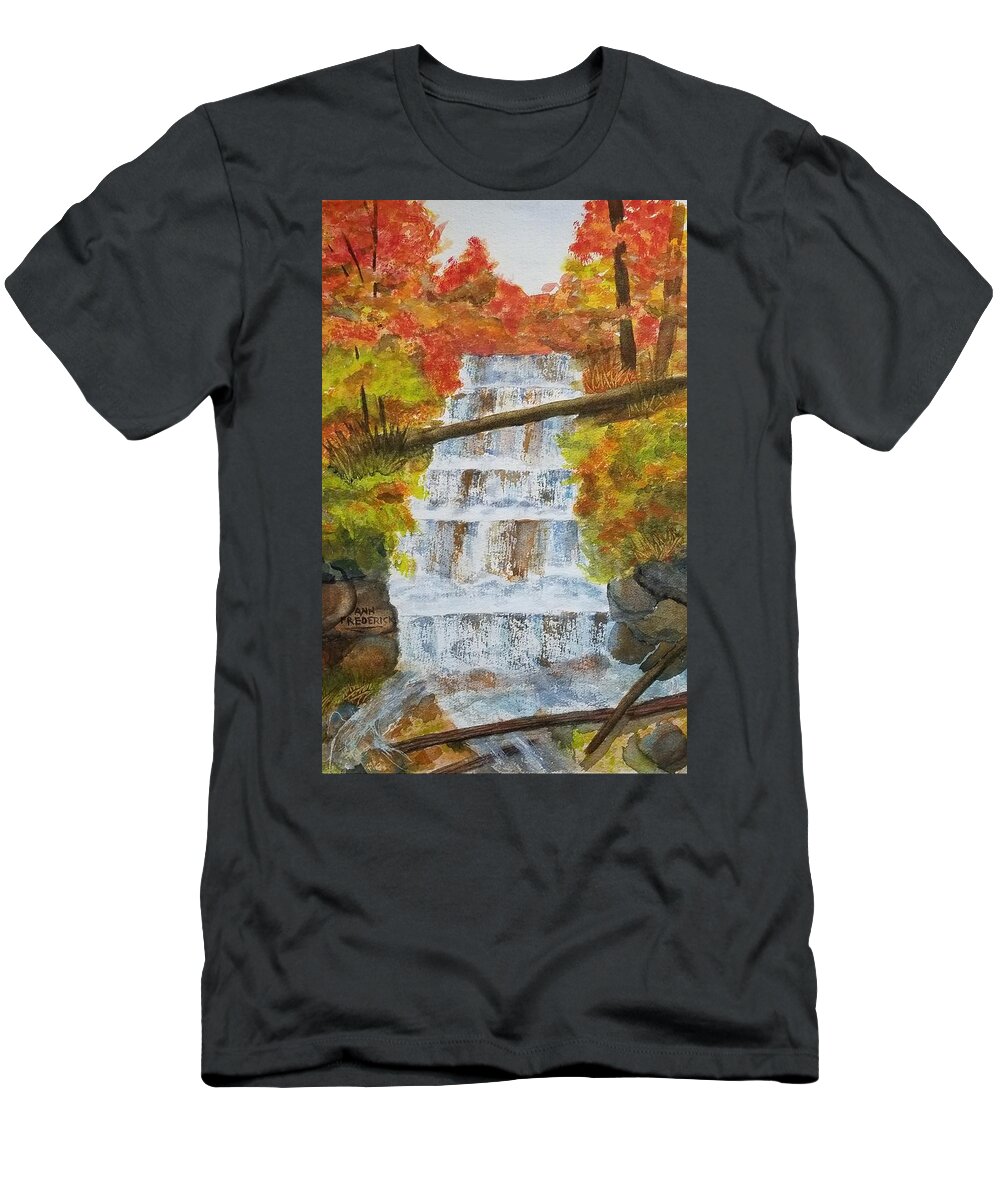 Waterfalls T-Shirt featuring the painting Wagner Falls by Ann Frederick