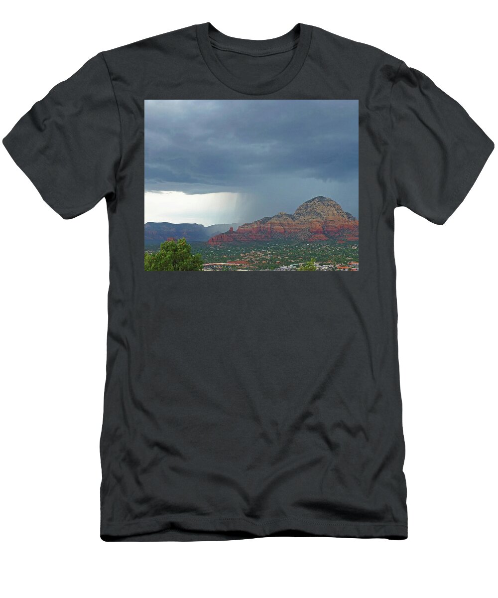 Sedona T-Shirt featuring the photograph Wall of Rain over Sedona AZ Red Rock by Toby McGuire