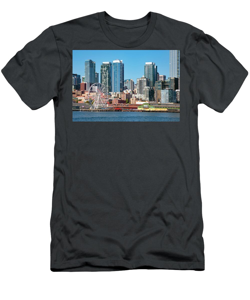 Estock T-Shirt featuring the digital art Washington State, Seattle, Seattle Great Wheel Over Elliott Bay With Skyline. by Maria Consorti