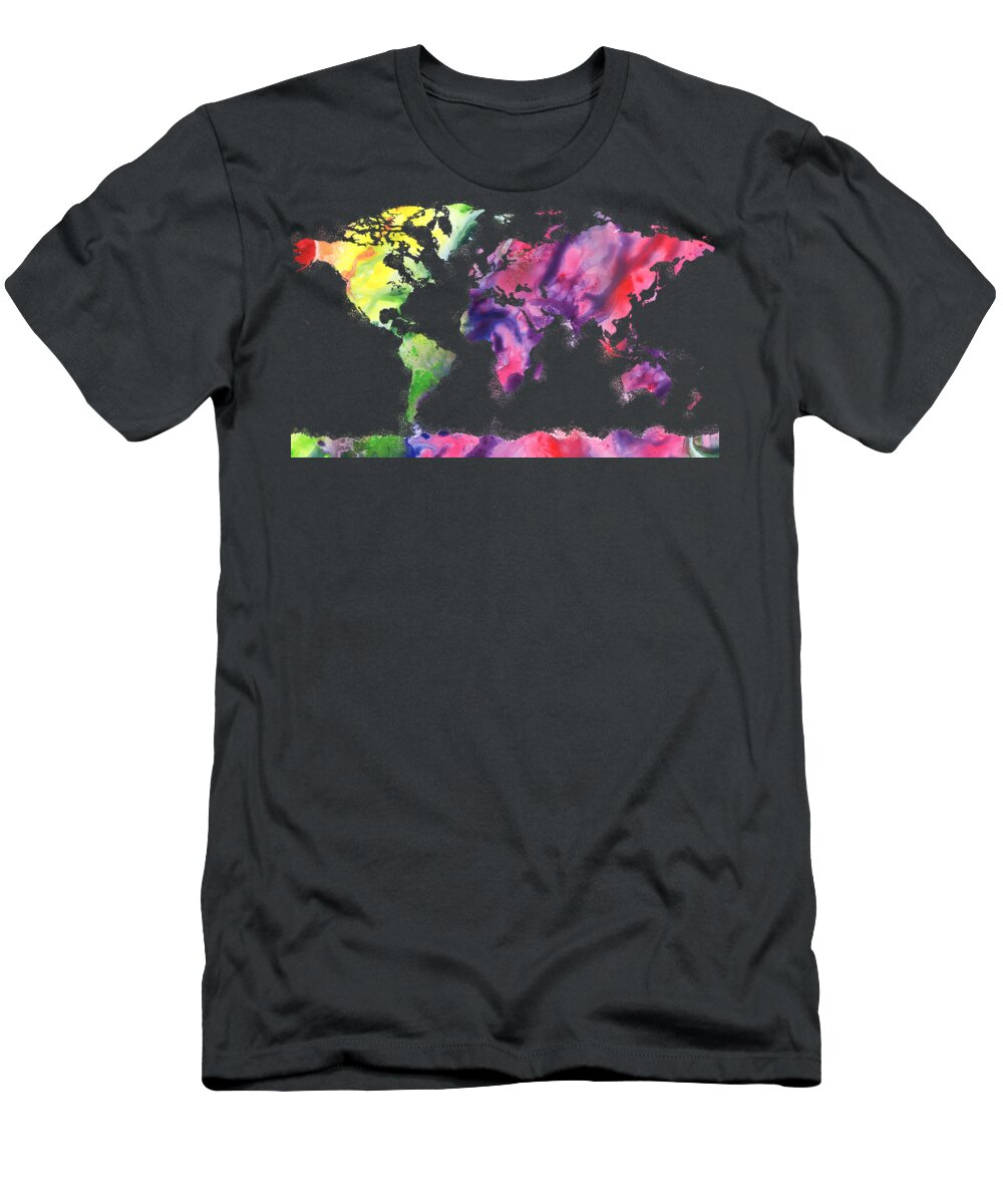 World T-Shirt featuring the painting Watercolor Silhouette World Map Colorful PNG XIV by Irina Sztukowski