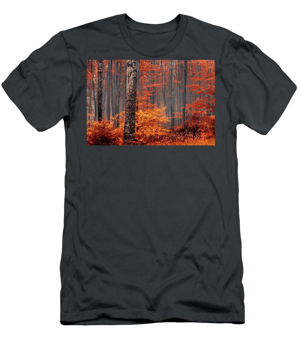 Mist T-Shirt featuring the photograph Welcome To Orange Forest by Evgeni Dinev