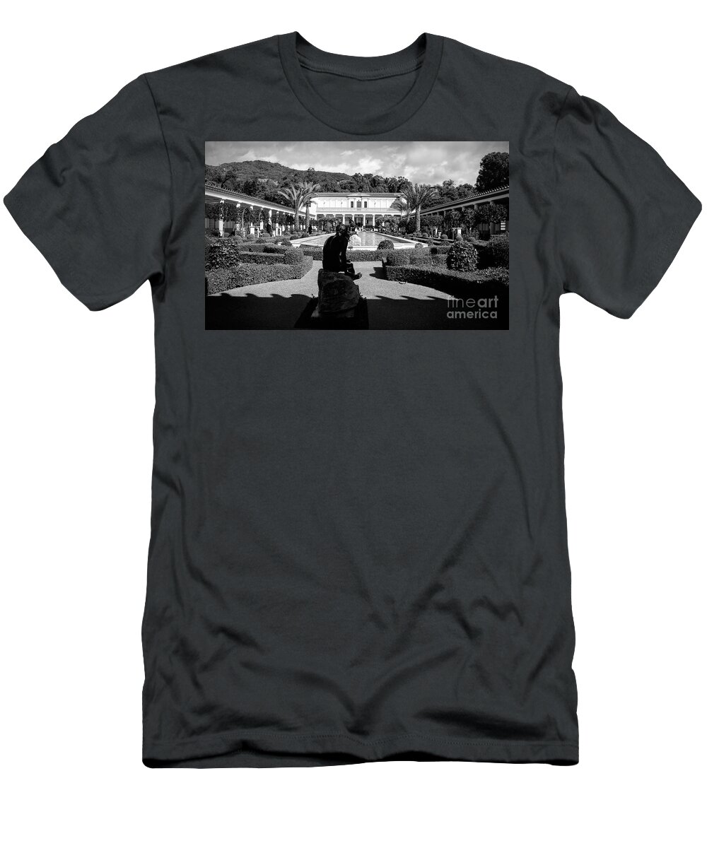 Getty T-Shirt featuring the photograph Wide Angle Getty Villa Black White by Chuck Kuhn