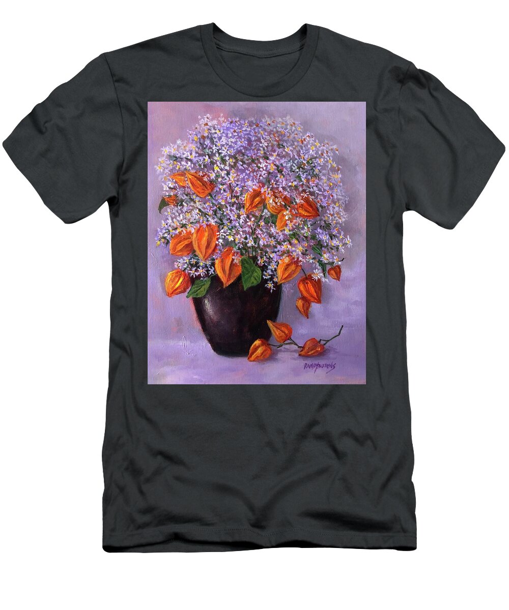 Flowers T-Shirt featuring the painting Wild Asters And Chinese Lanterns by Rand Burns