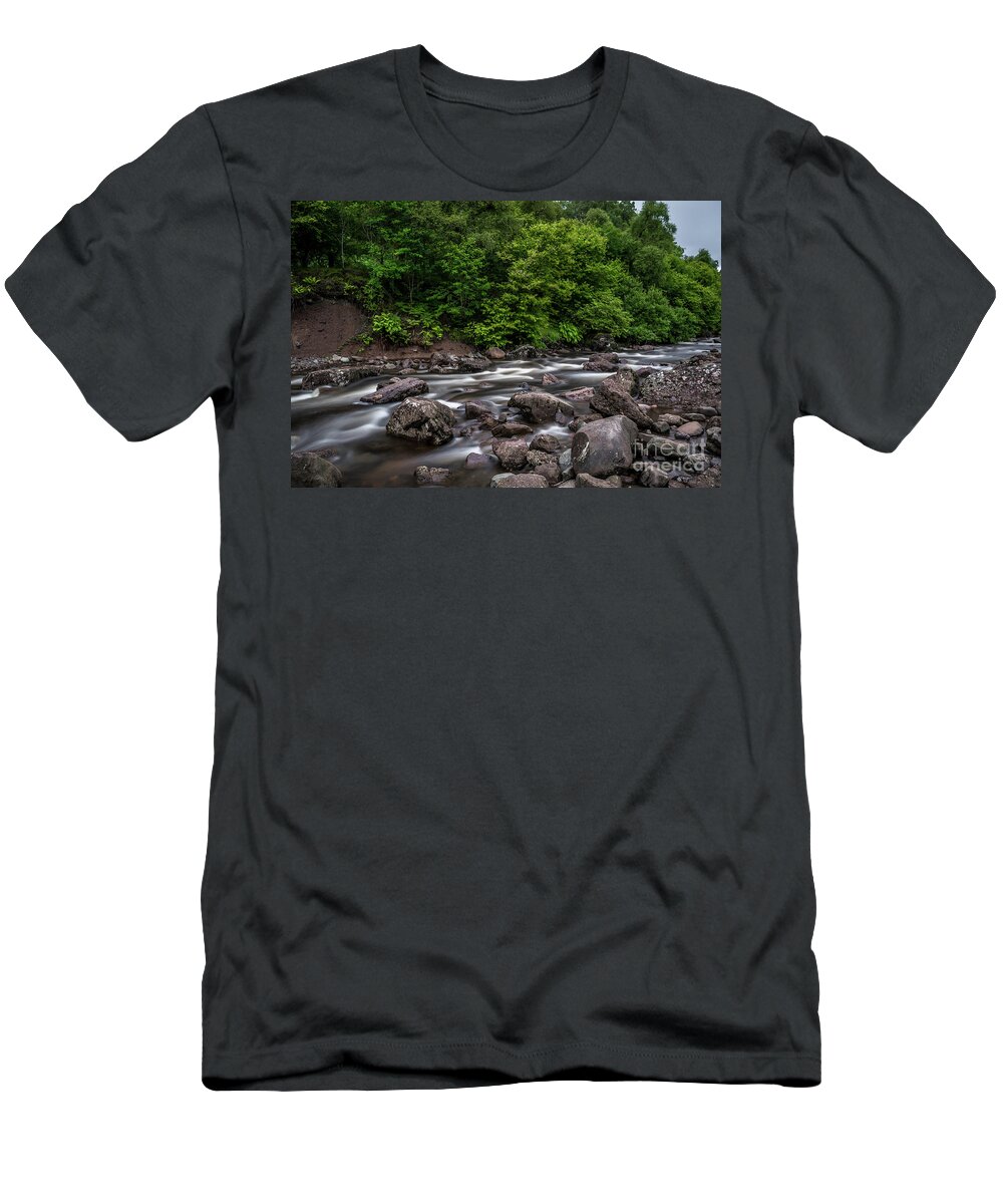 Background T-Shirt featuring the photograph Wild Mountain River Streaming Through Green Forest in Scotland by Andreas Berthold