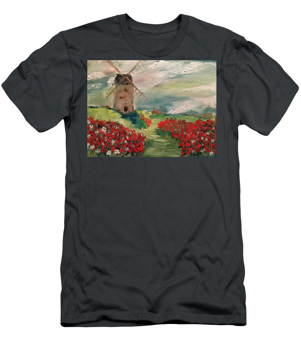 Windmill T-Shirt featuring the painting Windmill in a Poppy Field by Roxy Rich