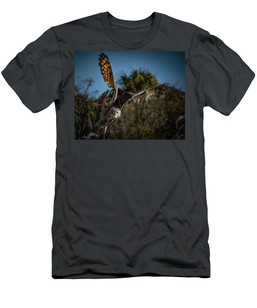 Air Bird Owl Raptor T-Shirt featuring the digital art Wings UP Owl-Raptor by Sandra Nesbit