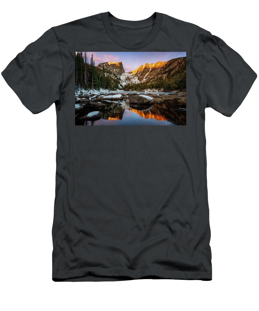 Lake T-Shirt featuring the photograph Winter at Dream Lake by David Soldano