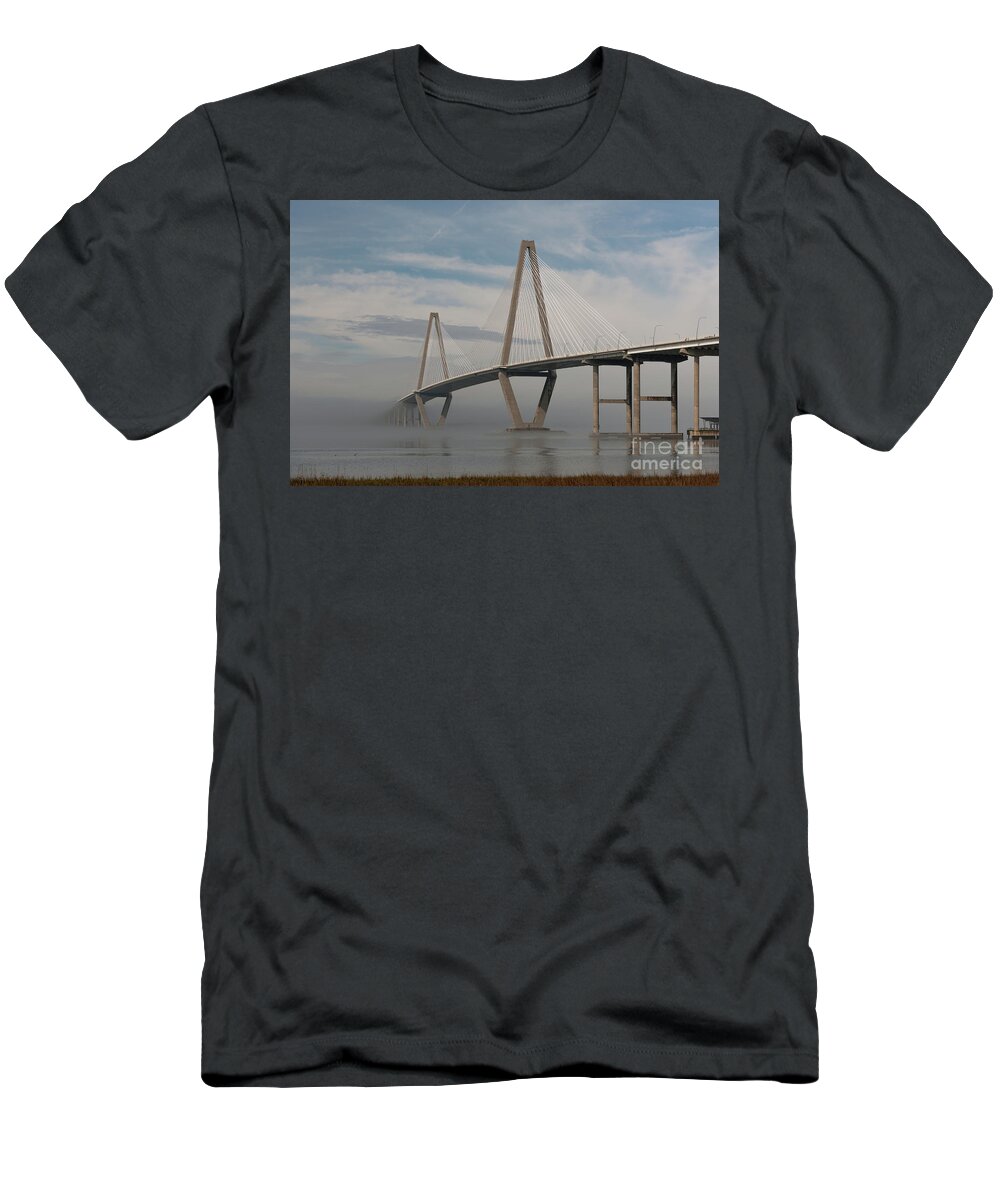 Fog T-Shirt featuring the photograph Winter Fog - Cooper River Bridge in Charleston South Carolina by Dale Powell