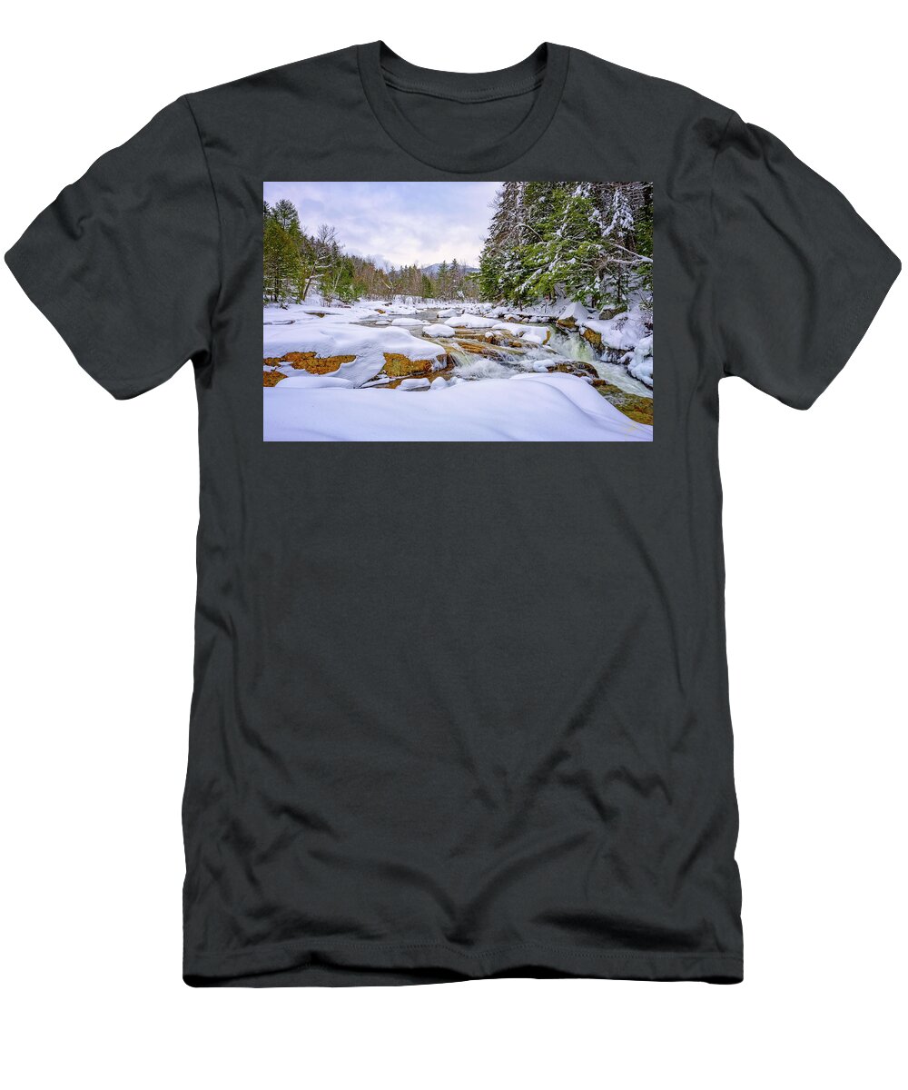 Snow T-Shirt featuring the photograph Winter On The Swift River. by Jeff Sinon