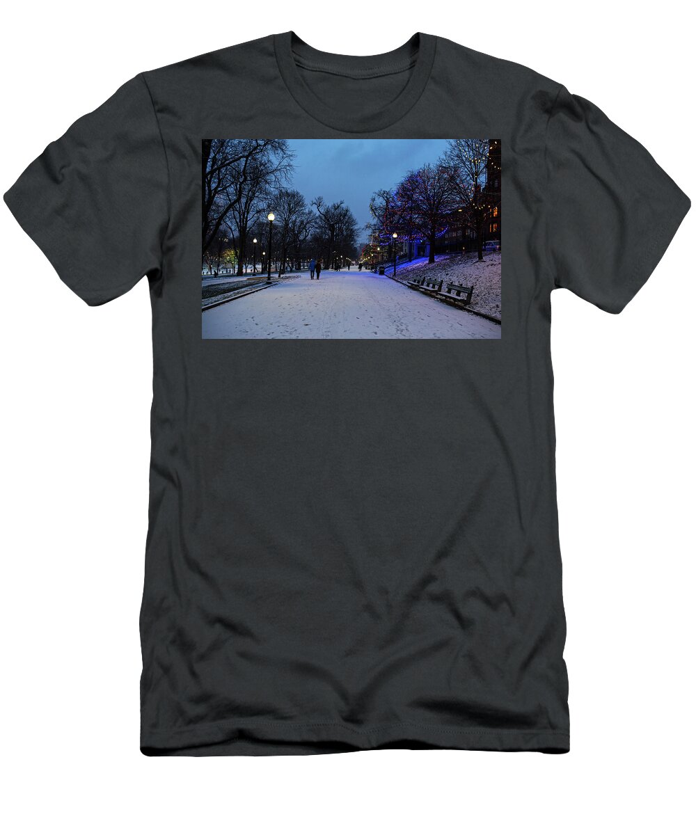 Boston T-Shirt featuring the photograph Winter Stroll through the Boston Common Christmas Lights Boston MA by Toby McGuire