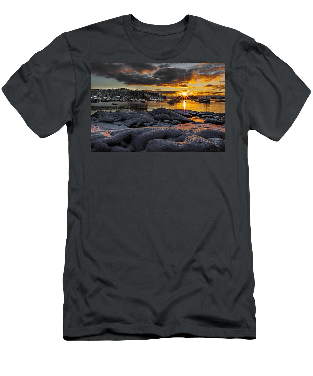 Sunrise T-Shirt featuring the photograph Winter Sunrise at Cutler Harbor Maine by Marty Saccone