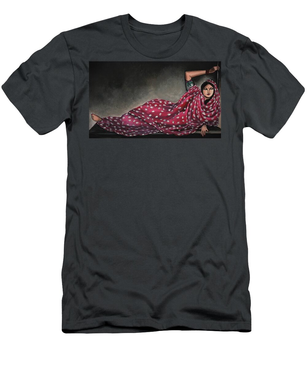 Woman T-Shirt featuring the painting Woman in sari #1 by Tara Krishna