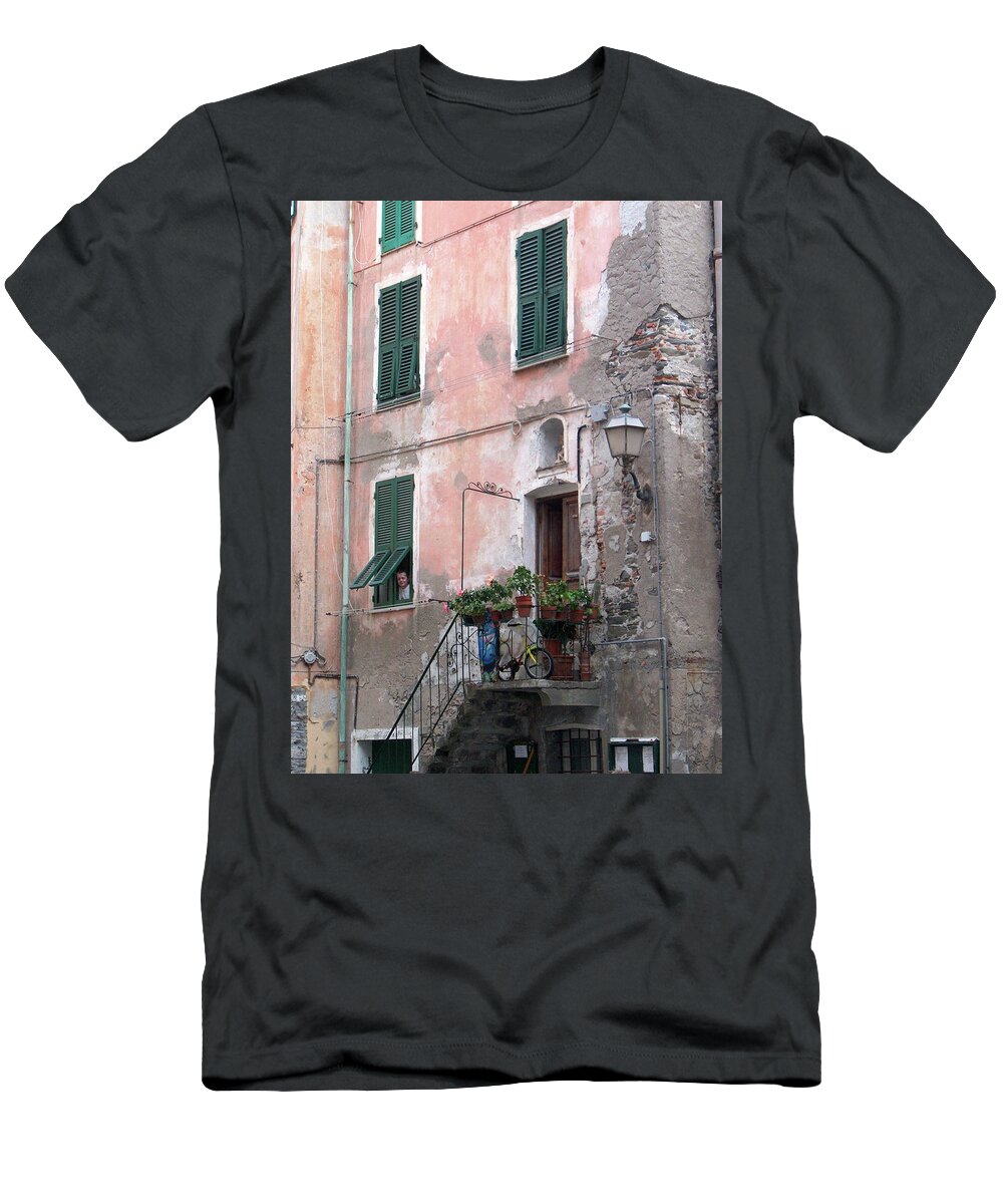Cinque Terre T-Shirt featuring the photograph Green Shutters by Leslie Struxness