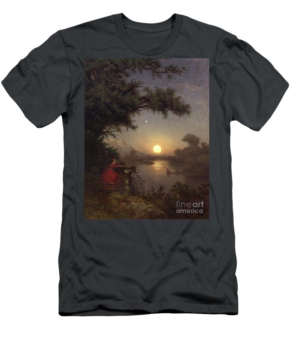 Female T-Shirt featuring the painting Woman On The Terrace Looking At The Moon, 1849 by Knud Andreassen Baade