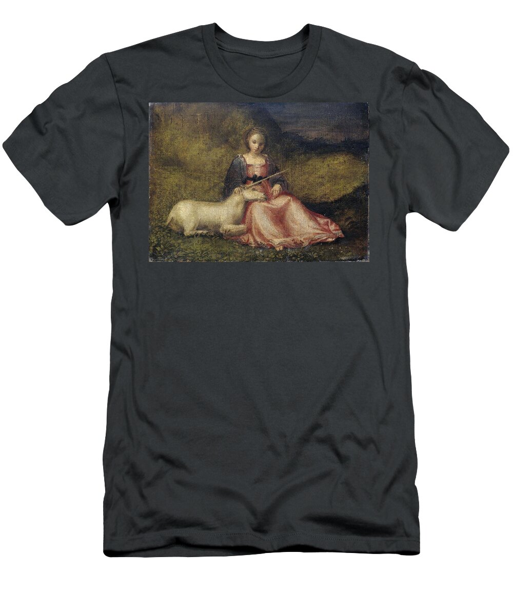 Canvas T-Shirt featuring the painting 'Woman with Unicorn. by Giorgione -rejected attribution-