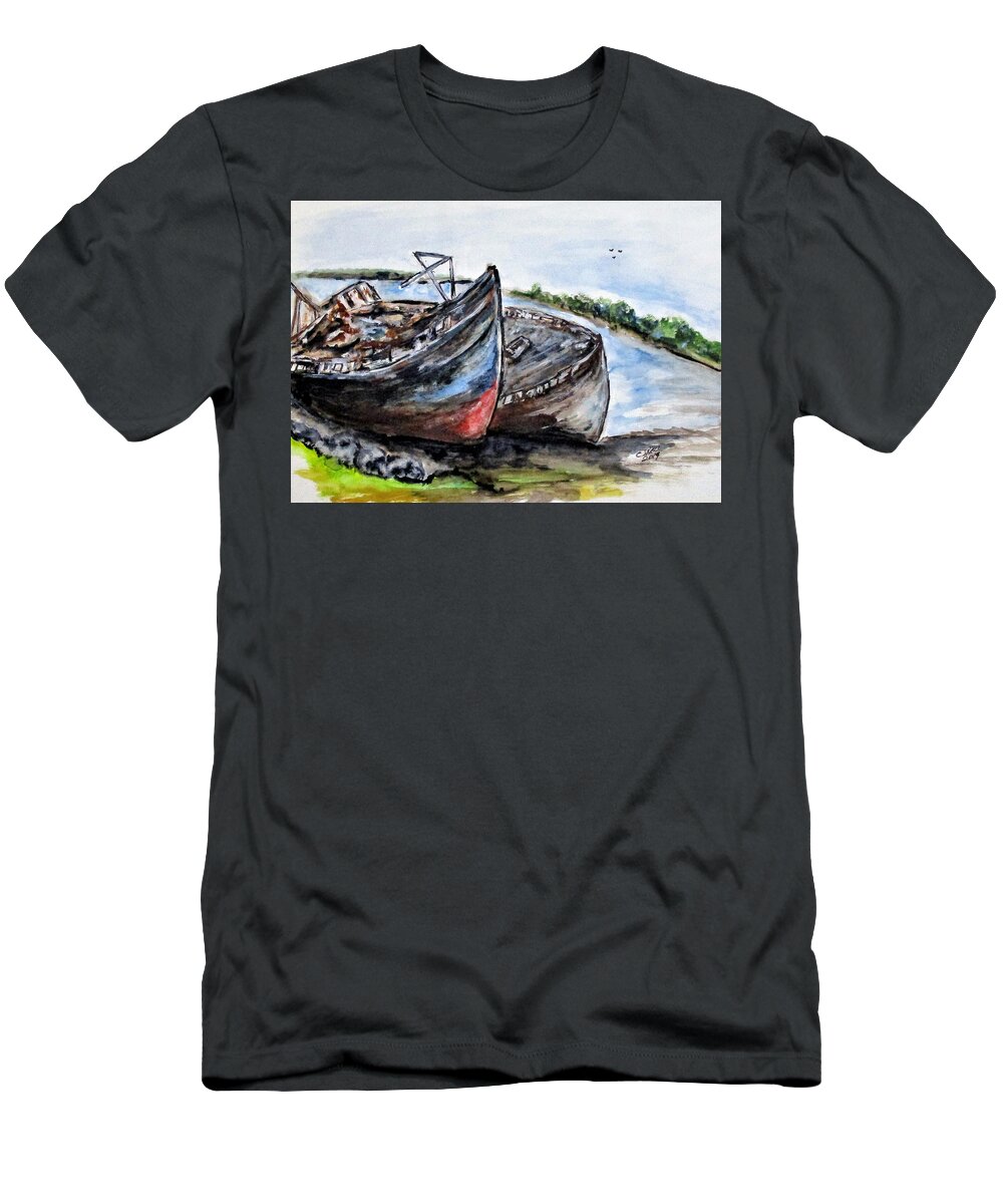 Boats T-Shirt featuring the painting Wrecked River Boats by Clyde J Kell