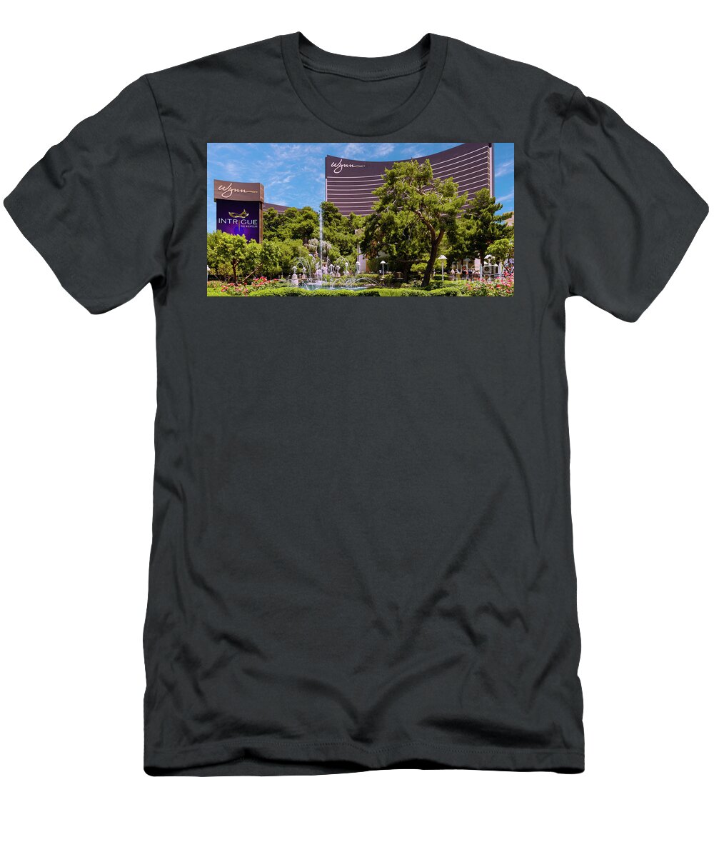 Wynn Casino Fountain Show T-Shirt featuring the photograph Wynn Casino Sign and Fountains in the Afternoon 2 to 1 Ratio by Aloha Art
